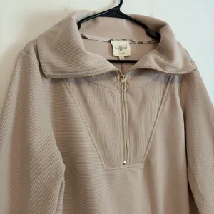 NWT Umgee Large Cream Tan Sweater Dress Tunic Long Sleeve Collar‎ 1/4 Zip Ribbed thumbnail 2