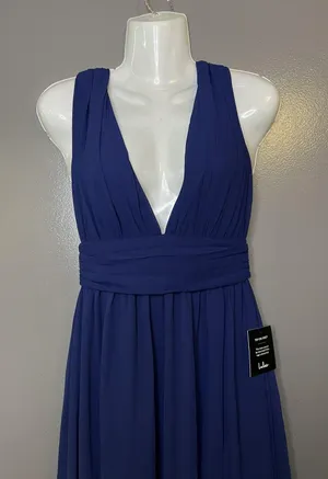 Lulus Dress Womens XS Blue Chiffon Plunge V Neck Maxi Side Slit Formal Gown thumbnail 1