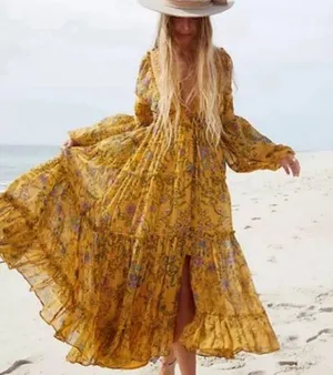 Free People Dress Cassis Midi Maxi Floral Lace Tiered Lined Boho Mustard Yellow thumbnail 1
