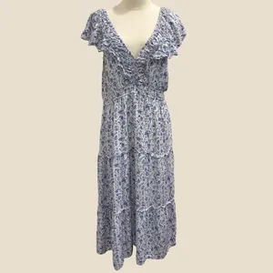 Baltic Born Crete Midi Dress Blue White Floral Toile Ruffle Tiered XL Cottage‎ thumbnail 3
