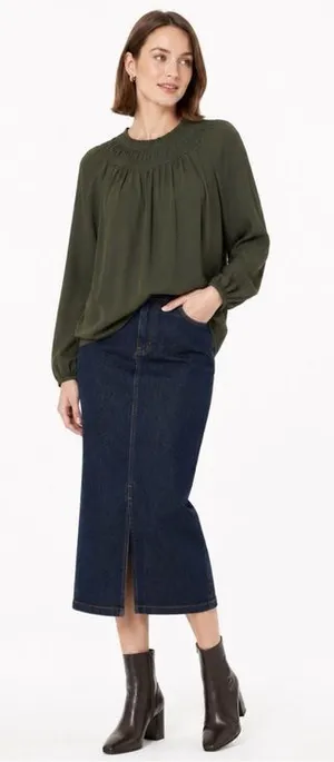 LOFT Olive Green Smocked Long Sleeve Blouse Size Large Flowy Fall Top thumbnail 1