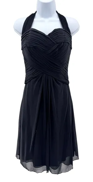 Tadashi Shoji Black Silk Halter Pleated Cocktail Dress Chiffon Gala LBD‎ Old Money 4 thumbnail 1