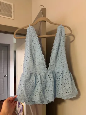 Light Blue Eyelet Plunge Neck Peplum Top Size Medium thumbnail 3