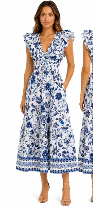 Adrianna Papell -‎ Toile Inspired Floral Cotton Ruffle Midi Dress thumbnail 1