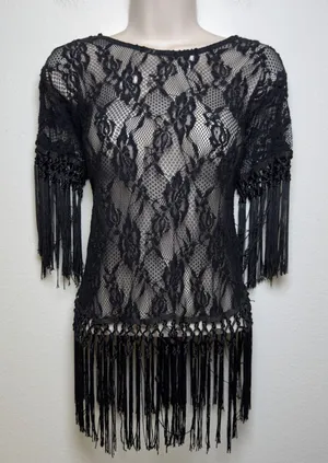 Anthropologie Sleeping on Stars Women Crochet Lace Top‎ Black Fringe Western thumbnail 1
