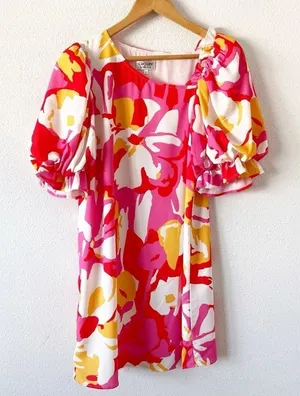 CROSBY by Mollie Burch Brooklyn Floral Coral Puff Sleeve Mini Dress thumbnail 1
