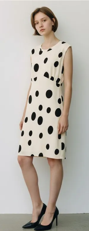 Zara Trafaluc beige sleeveless dress black polka dots and shoulder pads thumbnail 1