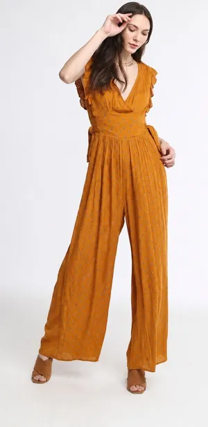 Patrons of Peace Mustard Yellow Floral Wide Leg Boho‎ Jumpsuit Small KS18387T thumbnail 1