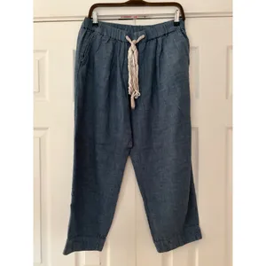 Free People Women Blue Cotton Linen Chambray Rope Drawstring Crop Pants Large thumbnail 2