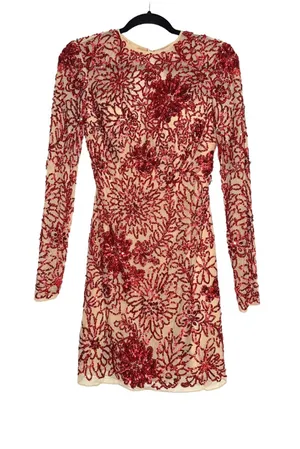 Sherri Hill Red Sequin Rhinestone Long Sleeve Cut-Out Back Mini Dress 6 thumbnail 1