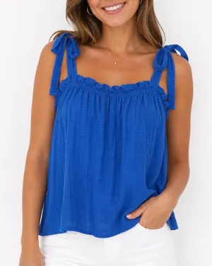 HM Royal Blue Tie Shoulder Ruffle Camisole Tank Top Viscose Size M thumbnail 1
