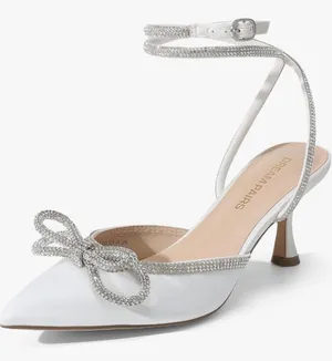 Dream Paris NEW White Wedding Kitten Rhinestone Bow Ankle Strap Closed 2.76”Heels thumbnail 1