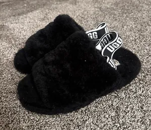 UGG Black Fluffy Slides with Logo Strap Size 6 0231 thumbnail 1