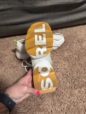 Sorel White Knit Lace-Up Platform Sneakers with Gum Outsole and Yellow Heel Tab thumbnail 2