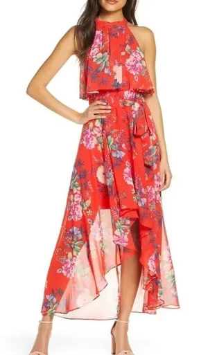 Eliza J Popover Halter High/Low Chiffon Maxi Dress Women’s 14 thumbnail 1