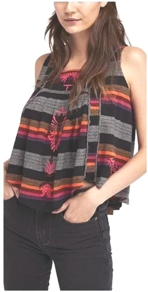 Free People Embroidered Tank Top‎ Open Back Striped Festival Boho Womens S thumbnail 1