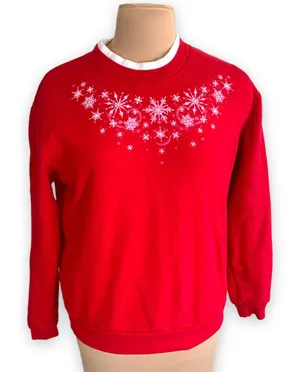 Vintage 90s Sweatshirt Crewneck Snowflakes Red White Grannycore Whimsical Winter thumbnail 1
