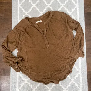 We the free forest green oversized soft linen long sleeve Henley flowy top thumbnail 2