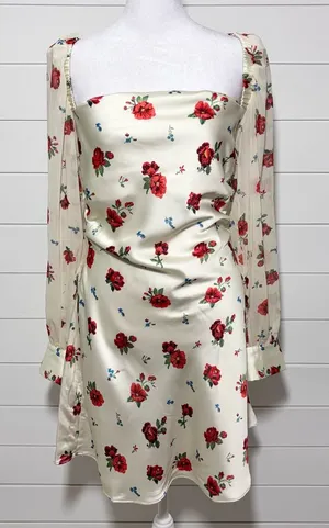 Weworewhat‎ Red Floral Satin Puff Sleeve Mini Dress Size 8 thumbnail 1