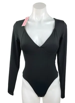 Qinsen Women's Black V-Neck Long Sleeve High Cut Leg One Piece Bodysuit Size M thumbnail 1
