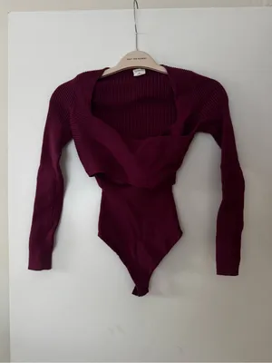Abercrombie & Fitch Maroon Ribbed Long-Sleeve Sweater Bodysuit thumbnail 2
