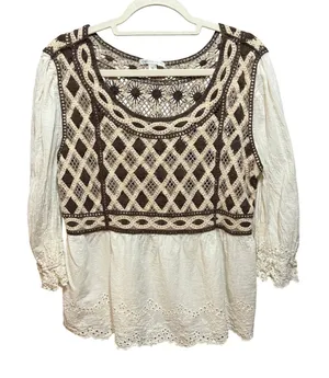 Crochet Lace Peplum Top Ivory Brown Eyelet‎ Sz XL thumbnail 1