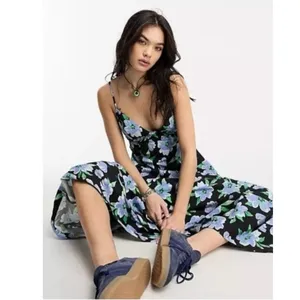 Free People Finer Things Printed Halter Midi Dress Black Combo Large Tropical thumbnail 8