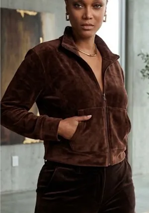 Brown Velour Cropped Track Jacket Zip Up Sweatshirt thumbnail 1