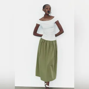 Zara White and Olive‎ Green Off-Shoulder Midi Dress thumbnail 3