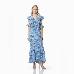 Elliatt Snow Printed Linen Gown Blue Floral Wedding Guest Vacation Summer thumbnail 2