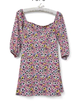 H&M Women’s Crinkle Cut Floral Print Off the Shoulders Quarter Sleeve Mini Dress thumbnail 2