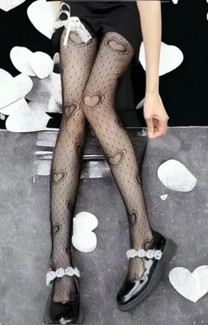 Heart Print Mesh Tights Black Sexy Cut Out High Waist Fishnet Pantyhose One Size thumbnail 6
