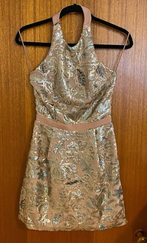 Dress the Population Beige Floral Abbie Halter Mini Dress - Small thumbnail 1