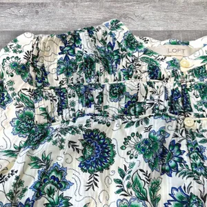 LOFT Garden Floral Top Women S Green Blue Long Sleeve Shirred Yoke Blouse Career thumbnail 6