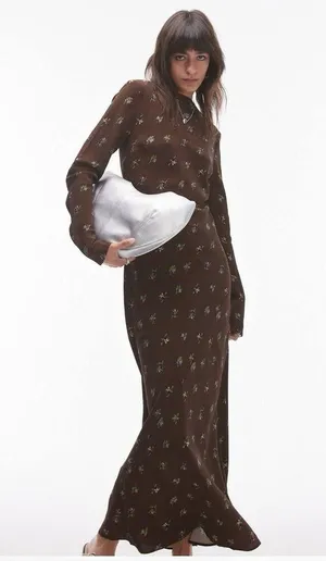 NEW Topshop Brown Ditsy Floral Print Satin Slip Long Sleeve Slim Maxi Dress Sz 2 thumbnail 3