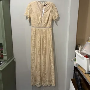 MEROKEETY Beige Nude Lace‎ Floral Maxi Dress Sz M Sheer Boho Romantic Fairy NWT thumbnail 3