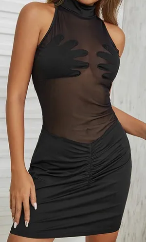Women's Sheer Mesh Bodycon Mini Dress Mock Neck Sleeveless Size‎ Large thumbnail 1