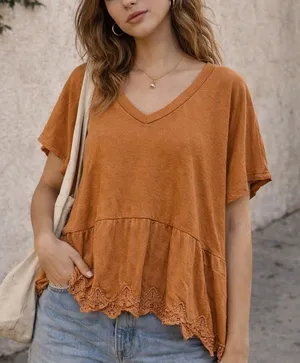 Buckle daytrip rust Casual V-Neck Lace Hem Top shirt size medium thumbnail 1