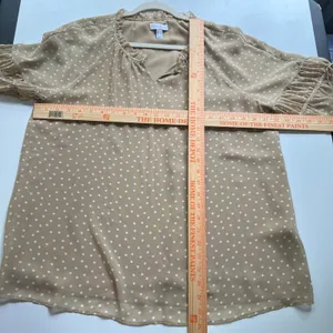 Susan Graver Tan White Polka Dot Sheer Chiffon Raglan Sleeve Peasant Top Medium thumbnail 6
