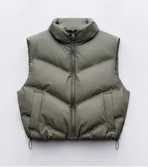 Zara Cropped Puffer Vest in Olive Green Size XL NWOT thumbnail 1
