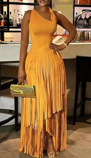 NWT ~ Women's Long Sleeveless Light Orange Fringe Maxi Party Dress ~ Size XL thumbnail 1