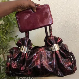 Vampy Whimsygoth Cyber Punk It Girl Baddie Burgundy Red Black Vintage Y2K Leather Shoulder Hand Bag Purse Braided Strap Comes with wallet Great condition Measurement in pics thumbnail 1