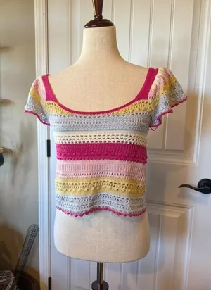 Sincerely Jules‎ Striped Crochet Crop Top Off Shoulder Ruffle Sleeve Pink Yellow thumbnail 1