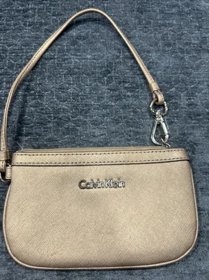 Calvin Klein Saffiano‎ Wristlet Gold Vegan Leather Zip Wallet Pouch Mini Bag thumbnail 1
