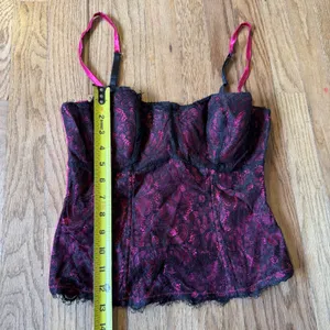 Moda International Magenta Pink Black Lace‎ Corset Top Underwire Silk Blend M thumbnail 3