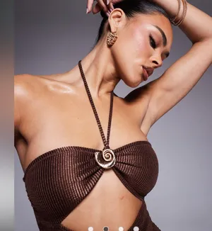 South Beach shiny crinkle cut out halter swimsuit in chocolate thumbnail 3
