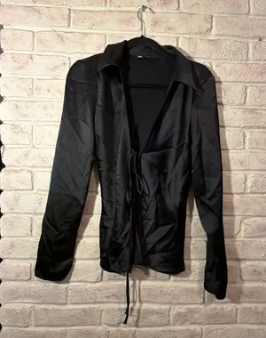 Zara Black Satin Tie Front Long Sleeve Blouse Size S thumbnail 1