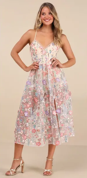 Lulu's Mahryn Beige 3D Floral Embroidered Midi Bodysuit Dress thumbnail 1