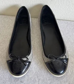 Tory Burch Skyler Grey Quilted Wool and Patent Leather Flats Size 10 thumbnail 1