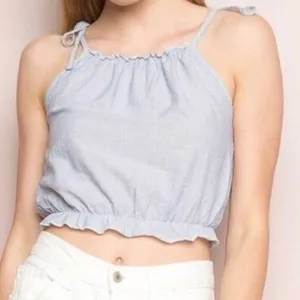 Brandy‎ Melville Blue White Pinstripe Ruffle Tie Strap Crop Top One Size thumbnail 4